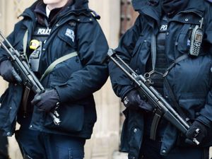 Two firearms officers shown from the neck down