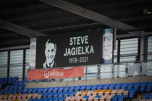 An image of former Shrewsbury Town player Steve Jagielka on the scoreboard before kick off as the players observe a minutes silence (AMA)