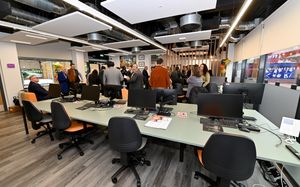 The workspaces are fitted with high-tech computers