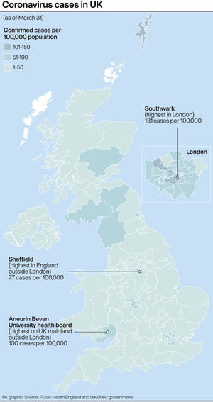 Coronavirus cases in the UK. Infographic PA Graphics