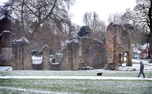 A snow covered Priory Ruins in Dudley