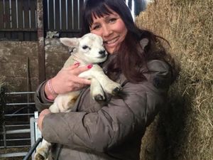 Woman with dark hair holding a lamb