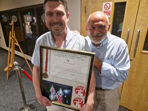 Pop (R) with one of his former pupils Andy Jenkins who played handball for Great Britain