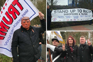 Clockwise from left: A Britain First and Donald Trump supporter, counter-protesters and the deputy leader and leader of Britain First in Telford. Photos: John Kennett