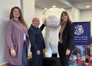 Tilley Bancroft, Arthur Barnard And Hayley Coles, Staffordshire County Council’s Cabinet Member for Communities and Culture, With 'Staffy' At The Big Tourism Conference At Uttoxeter Racecourse. Image courtesy of Staffordshire County Council