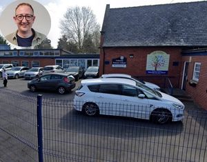 Councillor Craig Emery (inset) wants a default 20mph speed limit in all residential areas of Shropshire. He has also asked if a trial to have temporary restrictions outside Gobowen Primary School (main image) will be made permanent. Picture: Shropshi