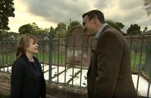 Richie Woodhall chats to Sue Hyde, great-great-grand-daughter of miner Edward Wallett who died in the disaster. Photo: BBC Inside Out 