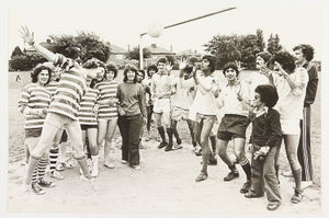 A team of nursery nursing students at Bilston College of Further Education, played a match against members of staff for a children's charity. The photograph shows Iris Langford heading the ball. June 28, 1978