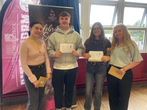 L to R: Leah McEvoy, Quinlan Currie, Alexandra Macey and Rhianna Parsons celebrating their results together