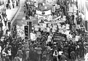 March 1978 - An anti-racist march comes to a halt outside Wolverhampton Library after scuffles broke out
