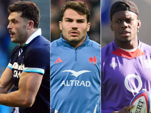 Blair Kinghorn, Antoine Dupont and Maro Itoje look on