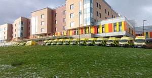 Ambulances waiting outside Royal Stoke University Hospital. 25 ambulances seen waiting outside the Royal Stoke at lunchtime on January 7. Credit: Ian Syme. Free for all LDRS partners to use.
