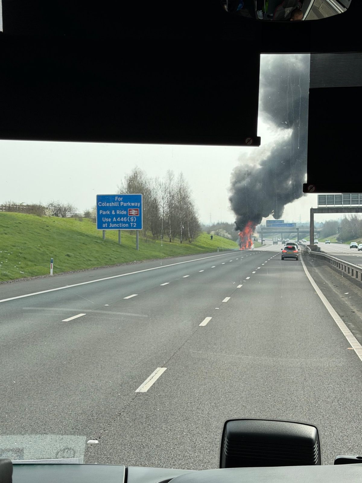 Traffic at a standstill on M6 in Staffordshire due to dramatic coach fire