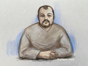 Court artist sketch by Elizabeth Cook of Anthony Russell appearing via video link at Newton Aycliffe Magistrates' Court, where he is charged with the murder of Ian Huntley. The Soham killer was reportedly attacked with a metal bar in a workshop at HMP Frankland, near Durham on February 26. Picture date: Wednesday March 11, 2026