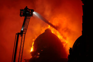 The Fire Brigade fight a blaze in the vicinity of Central Station on March 08, 2026 in Glasgow, Scotland. (Photo by Jeff J Mitchell/Getty Images)