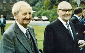Dr Arthur Raistrick, left, and Fred Williams, at the opening in 1982 of the cover building over the historic Abraham Darby furnace at Coalbrookdale. They were key figures in the preservation of the furnace in the 1950s.