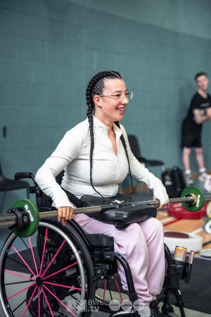 Adaptive athlete Elle Dempsey in the warm up room