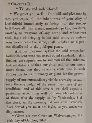 King Charles I's letter to the people of Lichfield. written in 1642