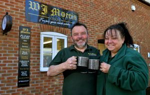 NORTH COPYRIGHT SHROPSHIRE STAR STEVE LEATH 09/02/2023..Feature in Market Drayton at W J Morris Clocks. Pics with Wayne and Mel Morris..