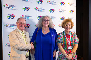Heather Osborne and Claire Fishlock from Age UK STW welcome Deputy Mayor, Bernie Bentick, to the event.