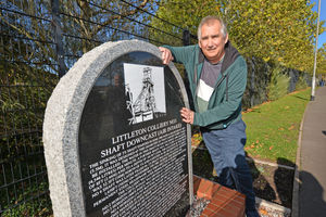 Dave Shaw next to shaft marker No. 3 a Littleton Colliery