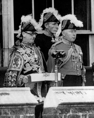 Garter King of Arms, Sir George Bellew, reads the first public proclamation of the accession of Queen Elizabeth II, at Friary Court, St James's Palace in 1952