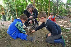 Children plant trees and plants in the forest school.