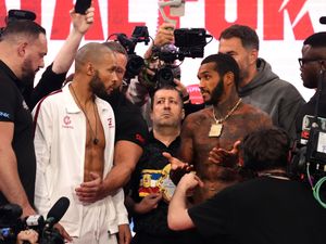 Chris Eubank Jr (left) and Conor Benn face off ahead of their fight on Saturday