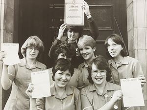 February 1982: Members of the business management and general studies department at Cannock Chase Technical College, had raised money for St Giles' Hospice at Whittington in Lichfield, and they were presented with a special certificate to thank them. The photograph shows pre-nursing students at the college.