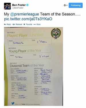 Ben Foster reveals his selections to his Twitter followers today