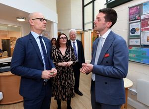 Care minister Stephen Kinnock chatting to director of care David Fletcher at Katharine House Hospice in Stafford