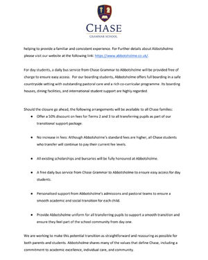 The school said that its alternative sister school, Abbotsholme School, has places available for transitioning students