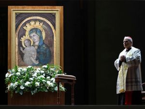 Cardinal Robert Francis Prevost, Prefect of the Dicastery for Bishops, leads the recitation of the Holy Rosary for Pope Francis’ health