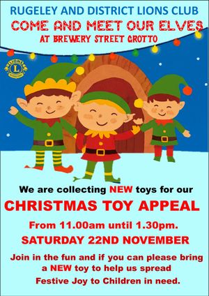 Meet our Elves and our much loved Lion Mascot at Santa's Grotto, Brewery Street Shopping Centre, Rugeley, WS15 2DY.