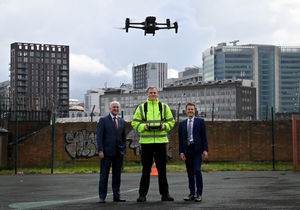 Drone pilot Justas Vasilauskas with Birmingham Council leader Ian Ward and West Midlands mayor Andy Street
