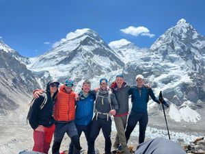 Adam with his fellow climbers, at the Pumori base camp at the start of the hike.