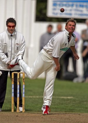 Shane Warne in action against Shropshire