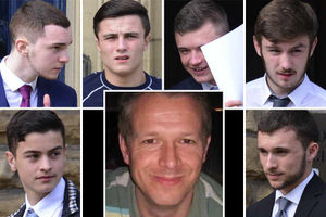 Top row, left to right, Robert Beech, Ryan Meer, Daniel Lloyd, Connor Pearson. Bottom row, left to right, Joe Wood, victim Nic Cruwys, and Joseph Lister