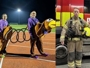 Left pic, Chris Buckle and Emma Moreton dressed as a slinky dog and, right pic, Stephen Moore in firefighter uniform