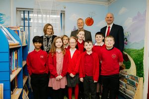 Children pictured with Stephanie Beard (headteacher), David O'Toole (CEO of the 3-18 Education Trust) and Russ Drury (chair of board of governors)