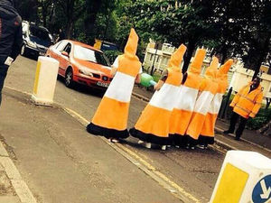 Supporting image for story: Aston Villa fans amuse road users with traffic cone fancy dress outfit - video