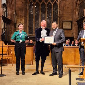 Shaz Saleem presented the prestigious High Sheriff Award by Douglas Wright, MBE DL