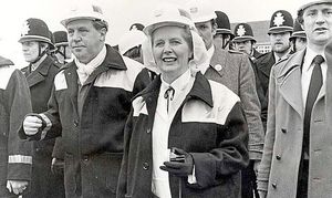 Mrs Thatcher is seen alongside Mr Stevens, right, during a visit to the Whiston Colliery