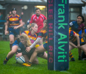 Clee Hill prop Daisy Hamer crashes over for her side’s third try during their comeback victory against Old Halesonians (Picture: Trevor Patchett)