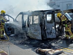 Supporting image for story: Photos: Van destroyed by fire in Oswestry as firefighters struggled to reach hydrant blocked by parked car