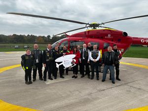 Shropshire Widows Sons presenting a cheque to the Midlands Air Ambulance