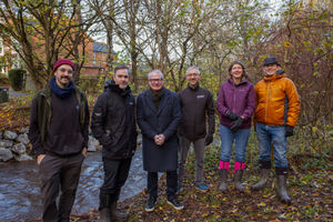 Mayor Richard Parker at the River Rea restoration project, with Jake Williams, Birmingham and Black Country Wildlife Trust, Adam Noon, Environment Agency, Dan Brown, Birmingham and Black Country Wildlife Trust, and Jackie Homan and Mike Webb, West Mi