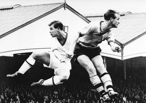 Gerry Harris, a Wolverhampton Wanderers legend, on the right, seen in action at Wolves' Molineux ground. His career was in the 1950s and into the 1960s. He was born in Claverley and lived in the Shropshire village for most of his life. Picture supplied by John Burns of Claverley Memories Local History Society.