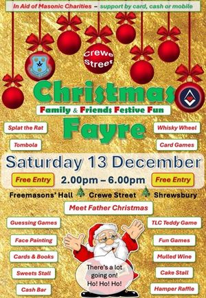 The Christmas Family & Friends Fayre takes place at Freemasons’ Hall on Crewe Street, Shrewsbury on Saturday 13 December.