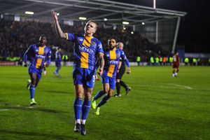Jason Cummings of Shrewsbury Town celebrates after scoring a goal to make it 1-2 (AMA)